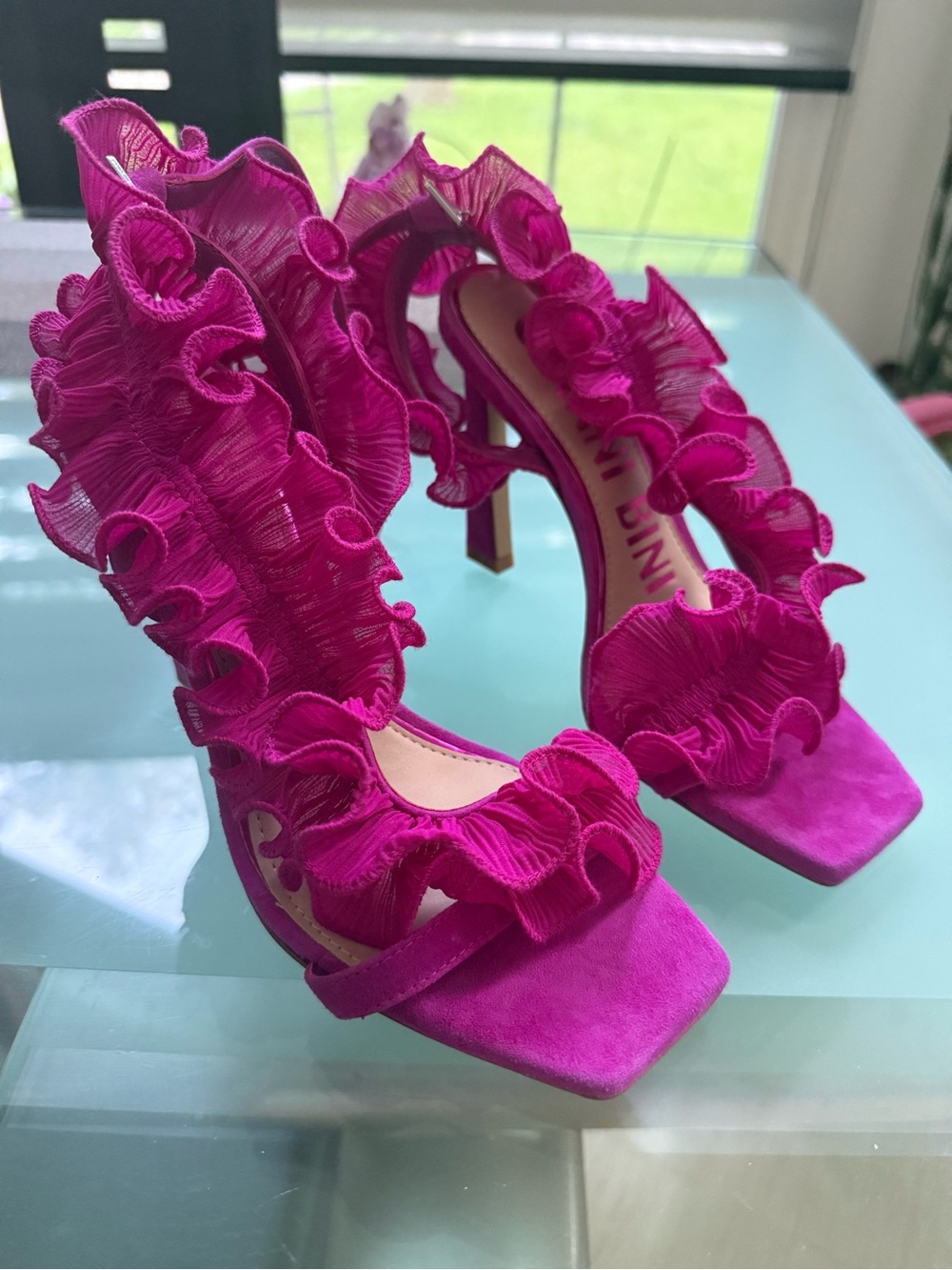 Gianni Bini fuchsia suede ruffle sandal